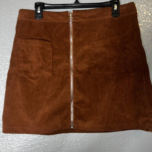 SHEIN Brown Corduroy Skirt XL Zip Front Mini Skirt with Pockets W34 L16 - Picture 2 of 4
